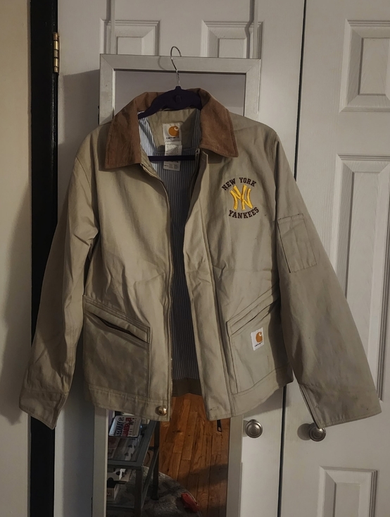 Carhartt Jackets & Blazers - Carhartt Khaki Jacket with Brown Corduroy Collar and NY Yankees Logo BRAND NEW